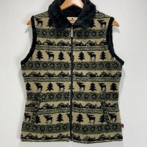 Woolrich Womens Fleece Vest Moose Print Black Trim Full Zip Pockets Sz S Sherpa
